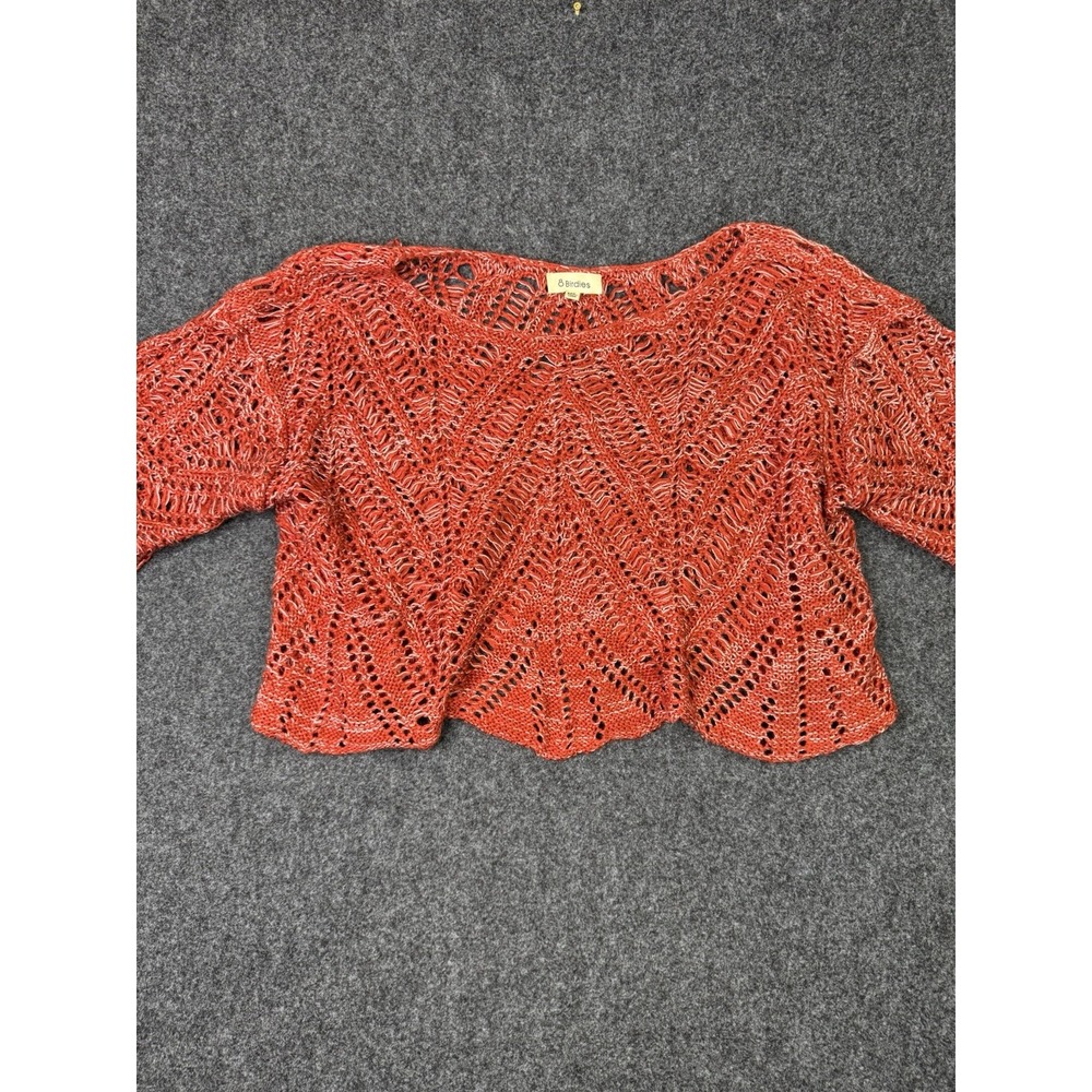 8 Birdies Sweater Womens M L Red Crochet Open Knit Scallop Hem Boho Cotton